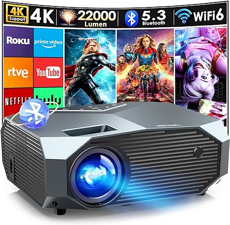 YOWHICK 4K Projector with WiFi and Bluetooth, 12000L Native 1080P Outdoor Portable Movie Projector, Smart Video Projector, 50% Zoom/400″ Display, Compatible with HDMI/USB/PC/TV/PS5/DVD/Android/iOS